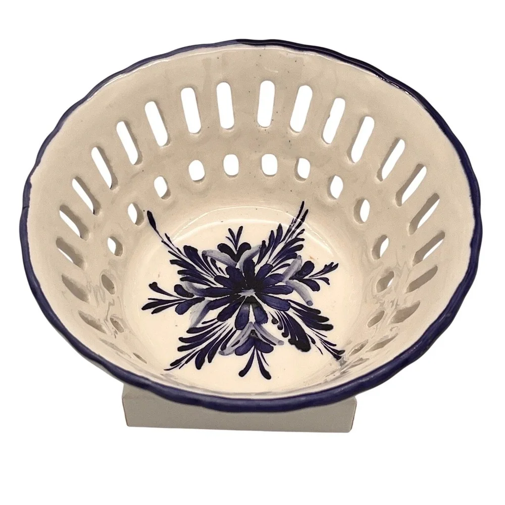 Hand Painted Portugal Pierced Berry Bowl Blue  White Floral Reticulated Strainer